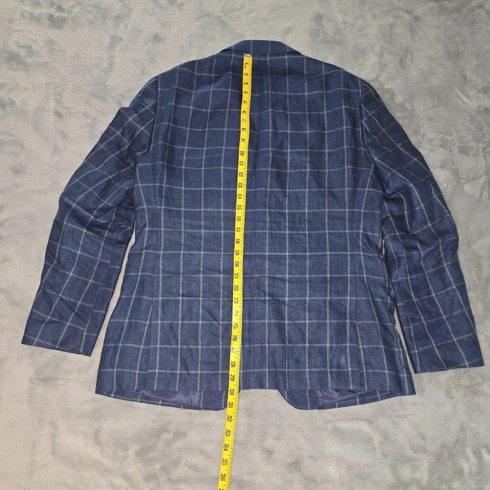 Ralph Lauren 100% Linen Blazer Mens 46L, Blue‎ Windowpane Plaid, 2 Button, Notch